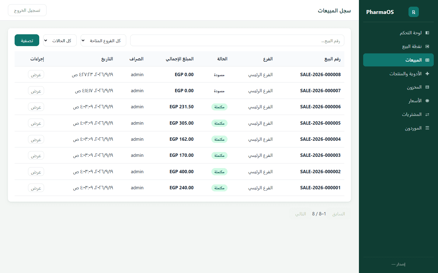 PharmaOS Sales History